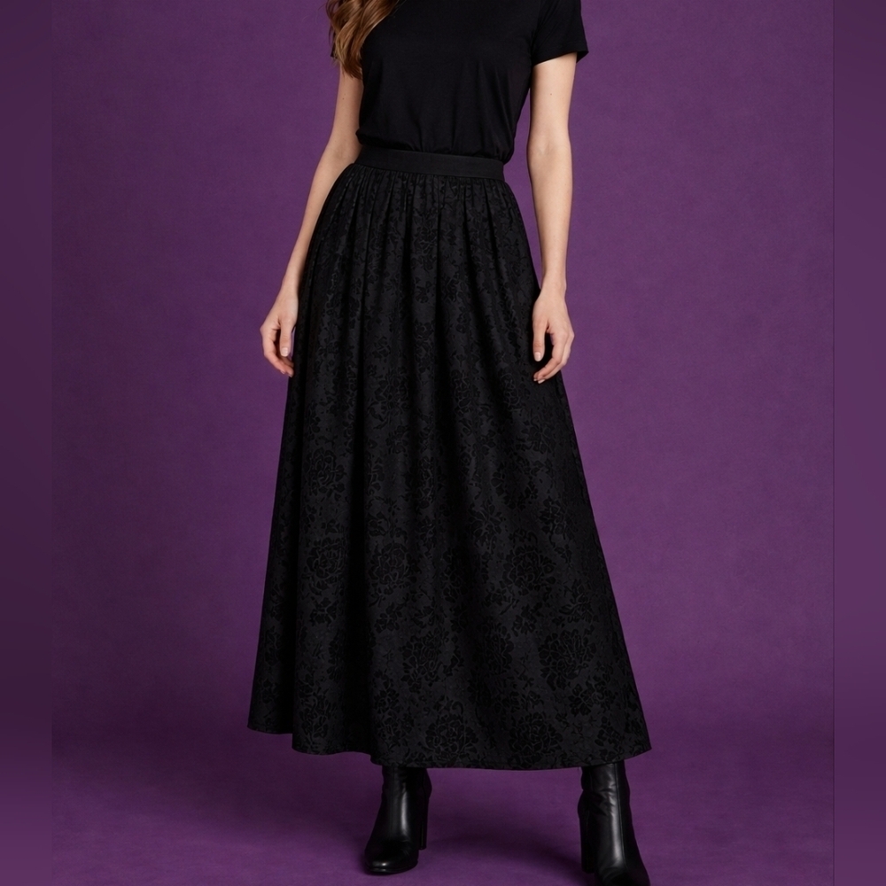 VTG HONORS Elegant Black Jacquard Witchy Goth Maxi Skirt